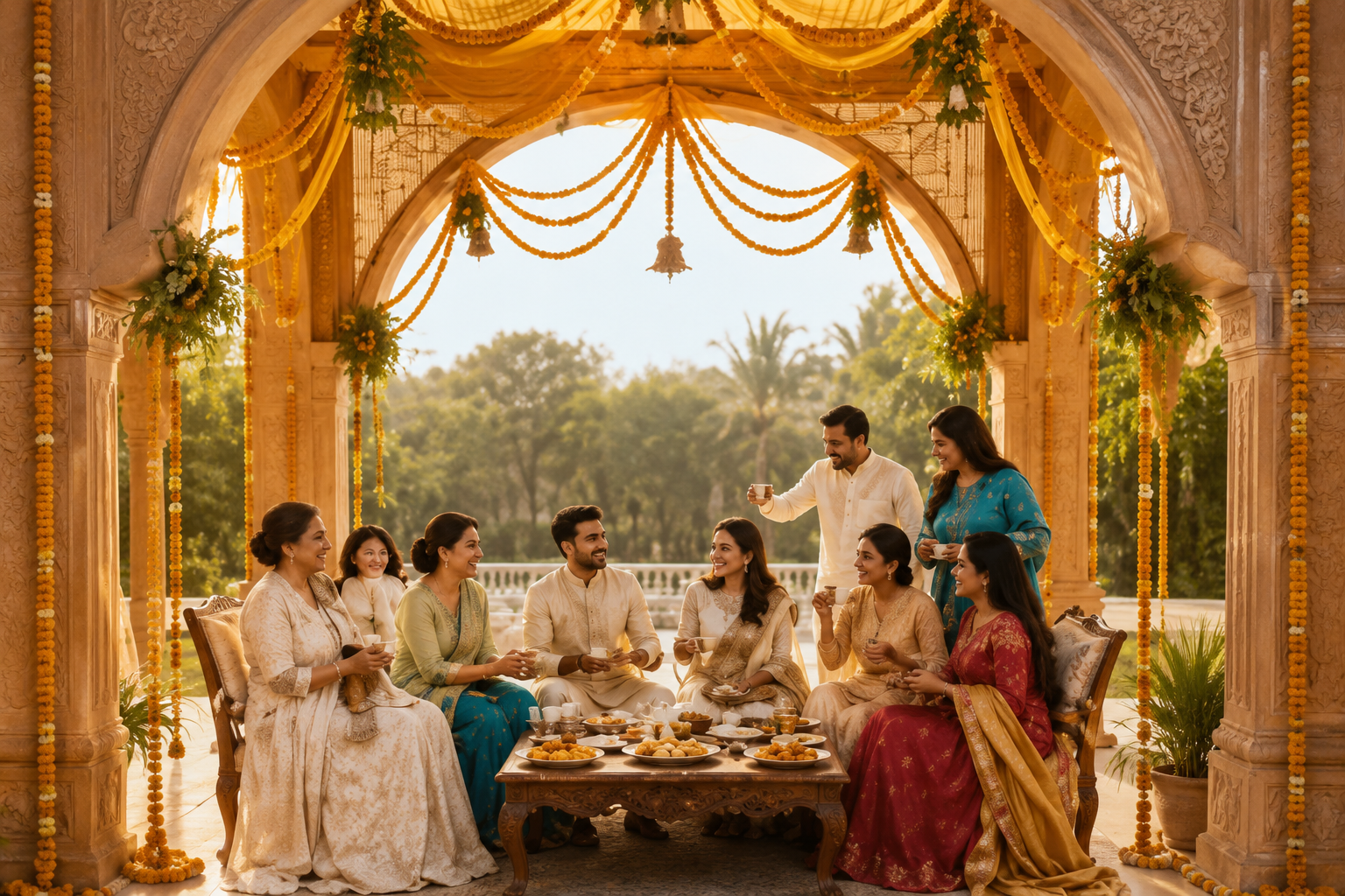 A family sitting together at a baithak